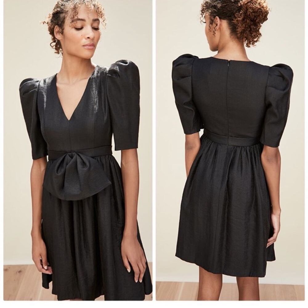 Black Halo Eve Black Puff Sleeve‎ Cocktail Dress Bow Detail 80s Size 2